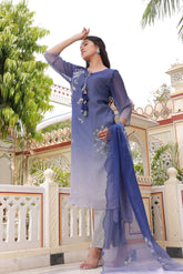 Women Blue Tabby Slik Print & Embroidered Kurta, Pant & Dupatta Set